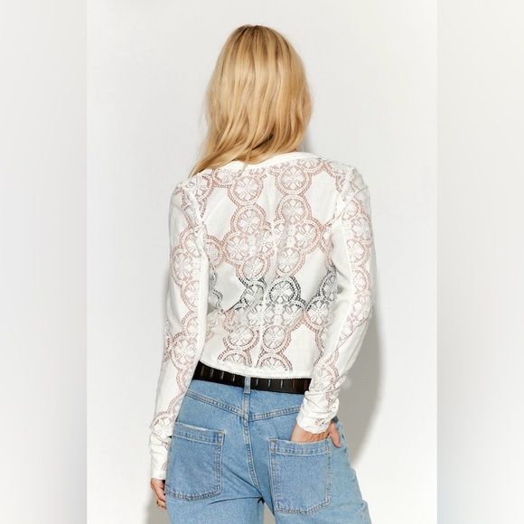 Free People Jea knit White Lace Button-Up Blouse, Sz L - Picture 2 of 10